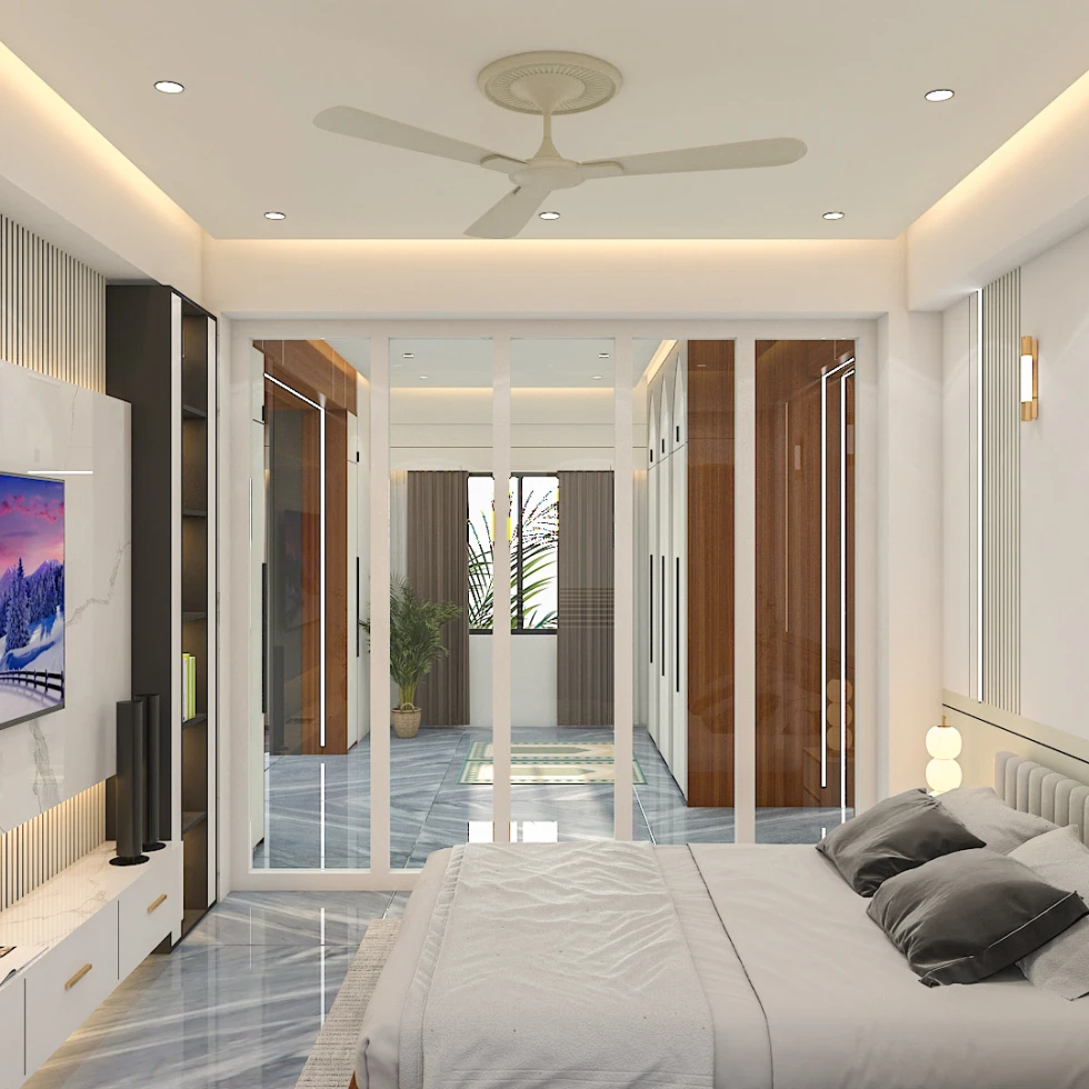 Modern duplex house exterior design in Dhaka featuring red brick textures and glass balconies.